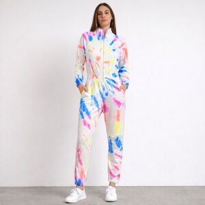 Lezat Multicolor Tie Dye Zip Front Fleece Jumpsuit Size Large Cozy Athleisure